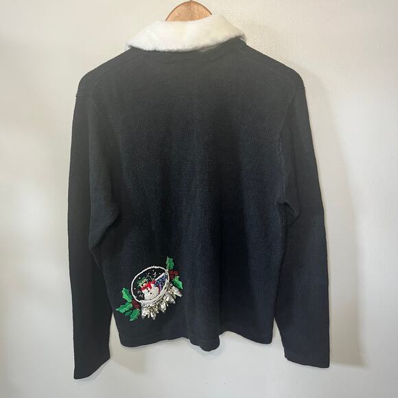 VTG B.P. Design Sweater Ugly Christmas Black Knit Sequins Beaded Fur Collar L - Picture 5 of 9